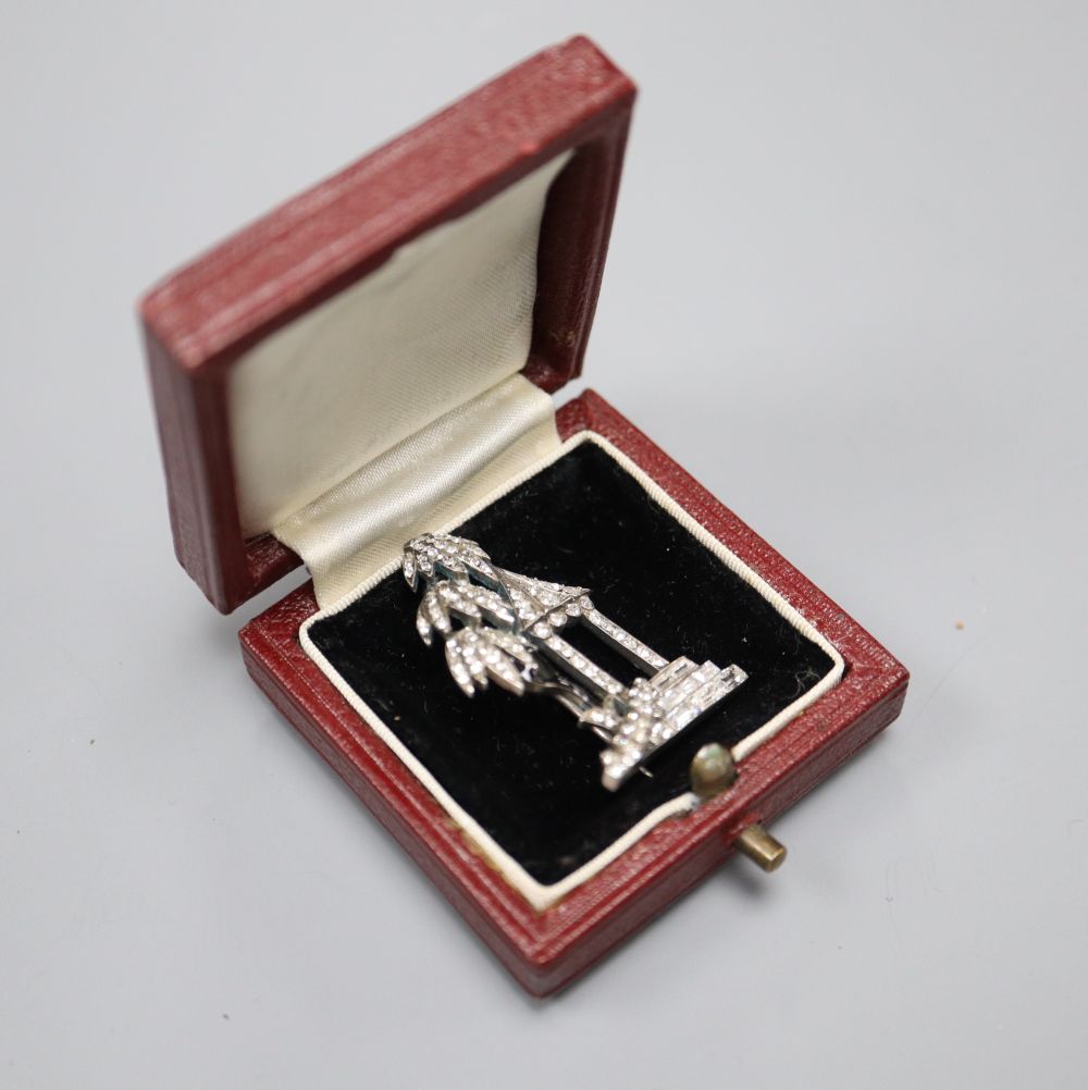 A continental Art Deco 935 white metal and paste set brooch, 34mm, depicting a house with trees, gross 6.1 grams,
